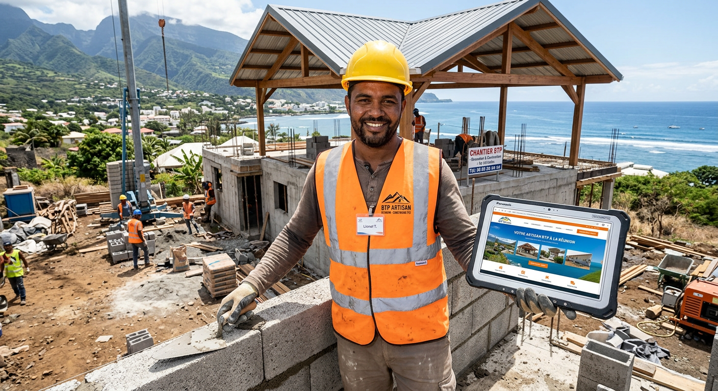 Artisan du BTP à La Réunion montrant son site web vitrine sur tablette à un client sur un chantier
