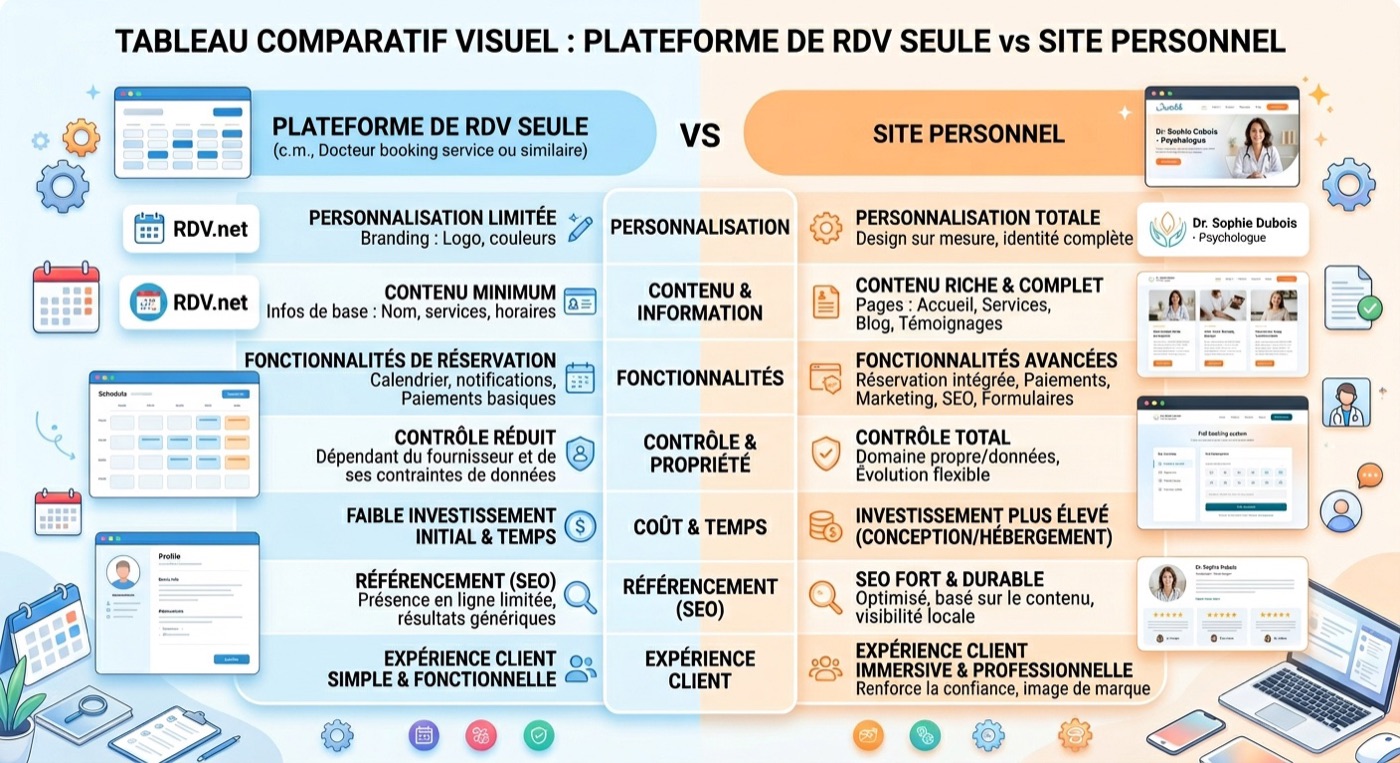 Tableau comparatif visuel Plateforme de RDV seule vs Site personnel