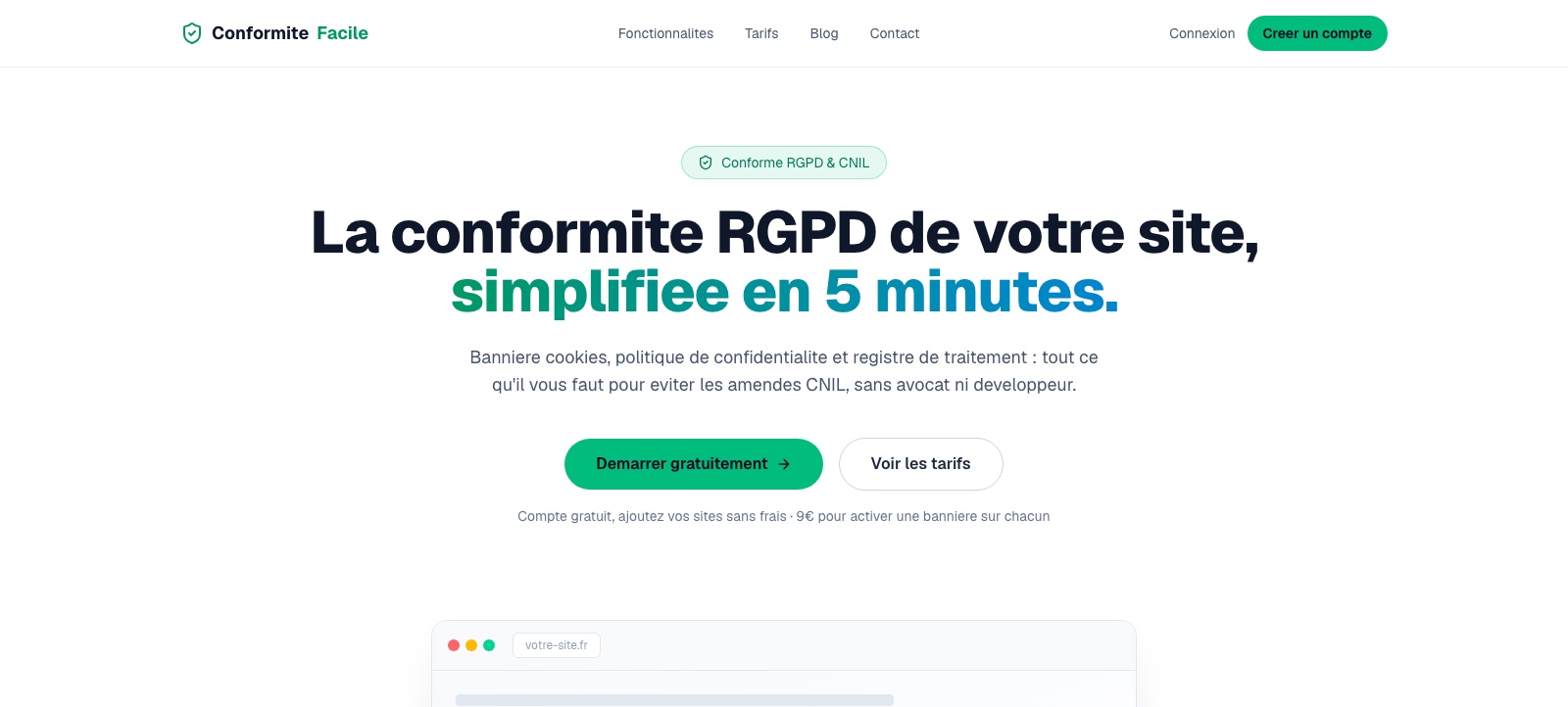 Page d'accueil de Conformité Facile, application de mise en conformité RGPD : bannière cookies, politique de confidentialité et registre
