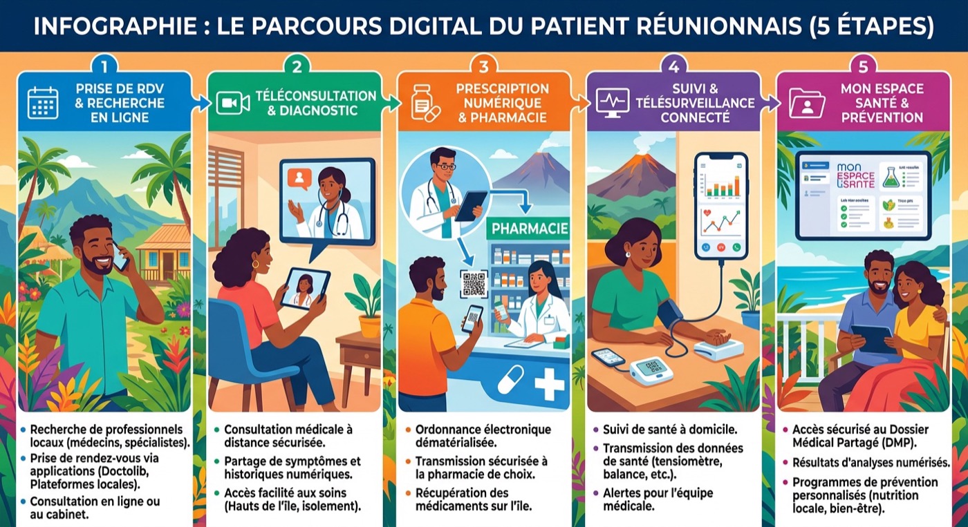 Infographie parcours digital du patient réunionnais en 5 étapes