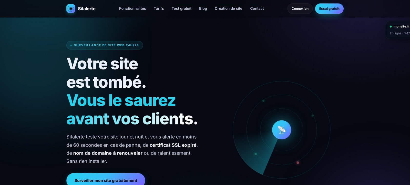 Sitalerte — surveillance de site web 24/7 : panne, SSL, domaine et vitesse
