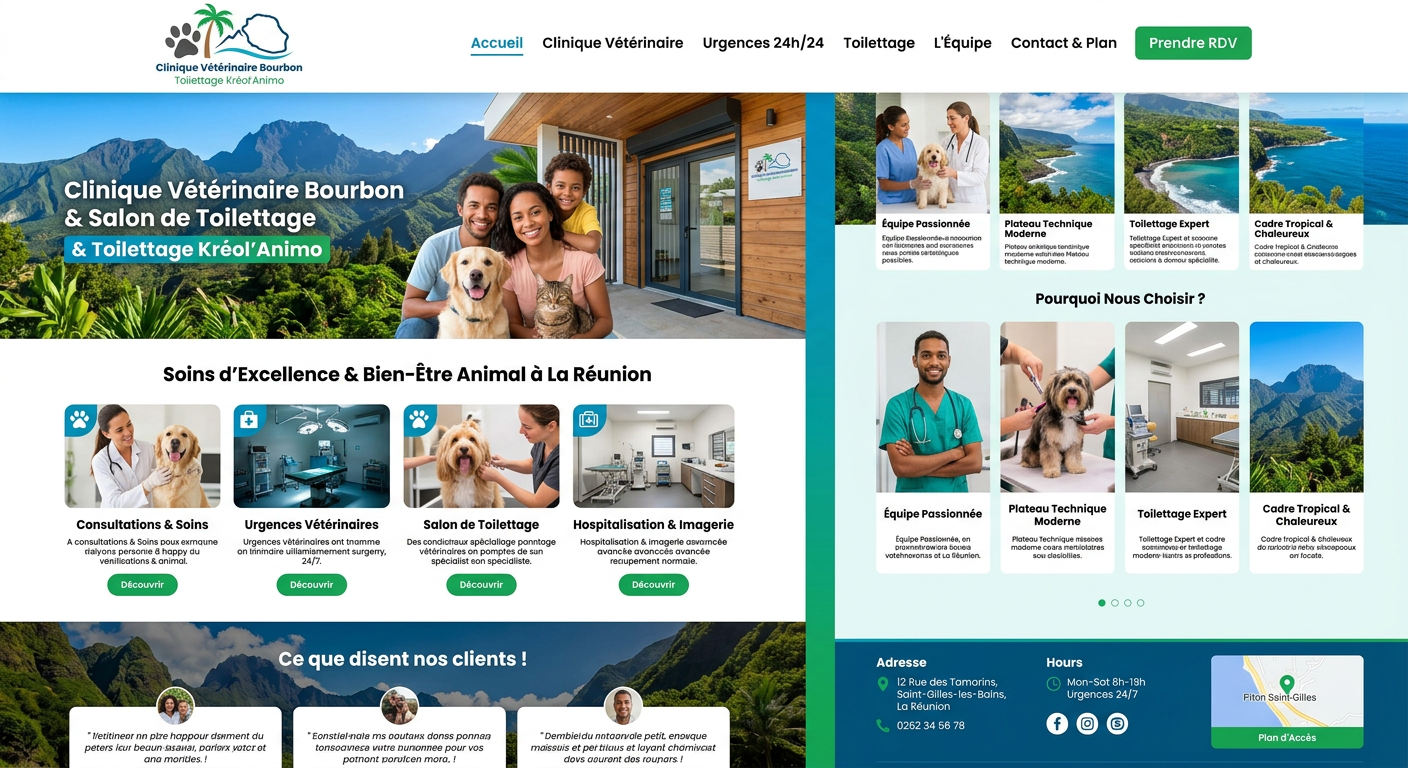 Site internet pour vétérinaire, clinique animalière et toilettage à La Réunion