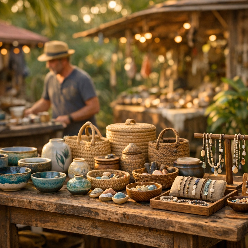 Artisan au marché forain à La Réunion devant son étal, avec un site vitrine en complément de Facebook pour être trouvé sur Google
