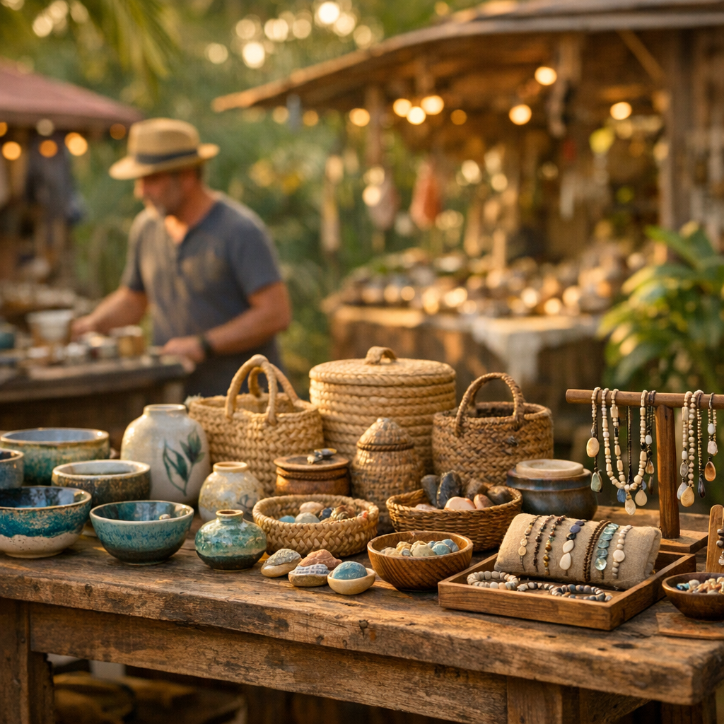 Artisan au marché forain à La Réunion devant son étal, avec un site vitrine en complément de Facebook pour être trouvé sur Google