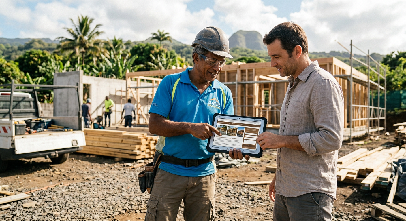 Un artisan sur un chantier à La Réunion montrant une tablette avec son site web à un client