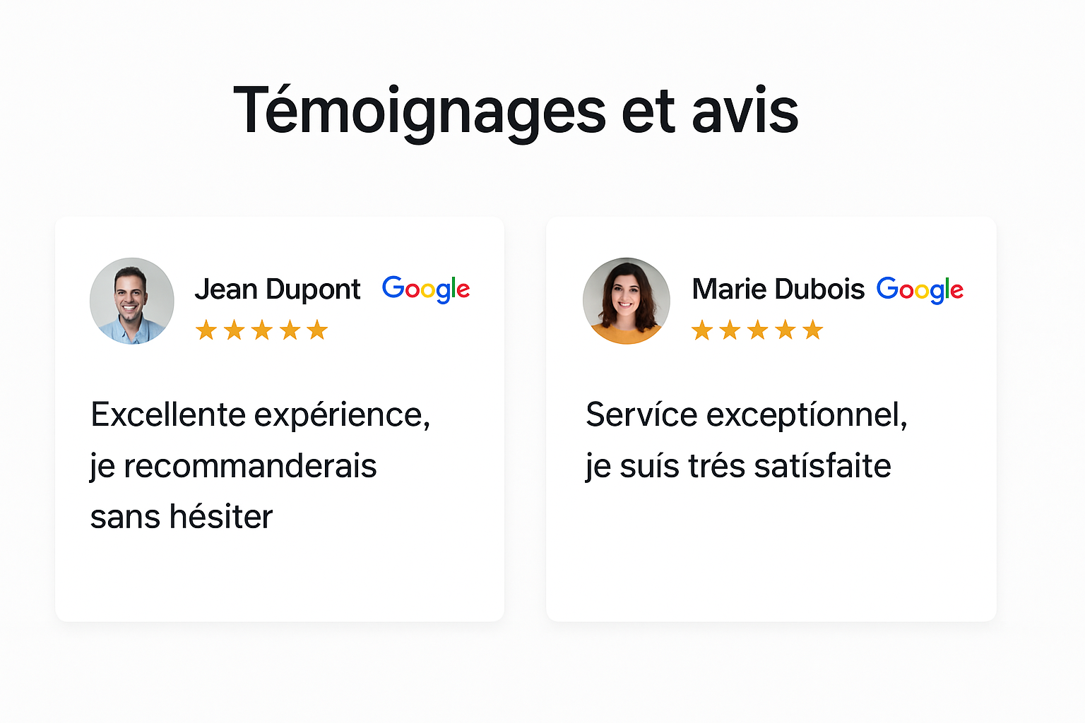Témoignages et avis Google intégrés de manière esthétique sur un site web