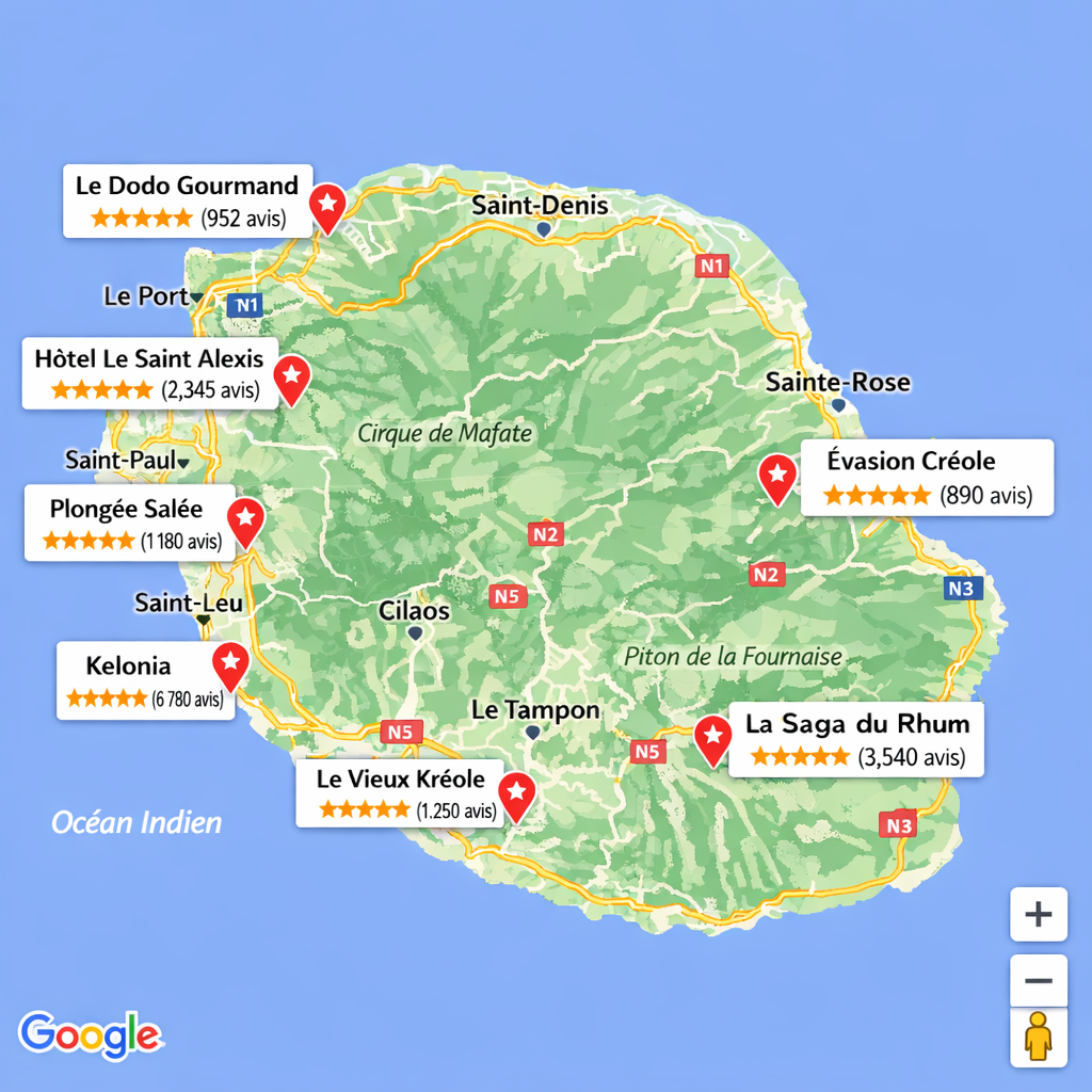 Carte Google Maps de La Réunion montrant des entreprises bien positionnées grâce aux avis