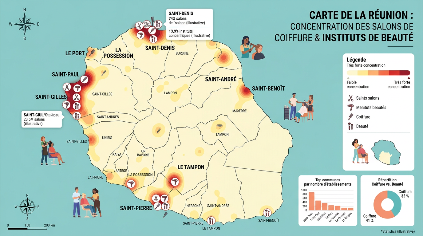 Carte de La Réunion montrant les zones de concentration des salons de coiffure et instituts de beauté