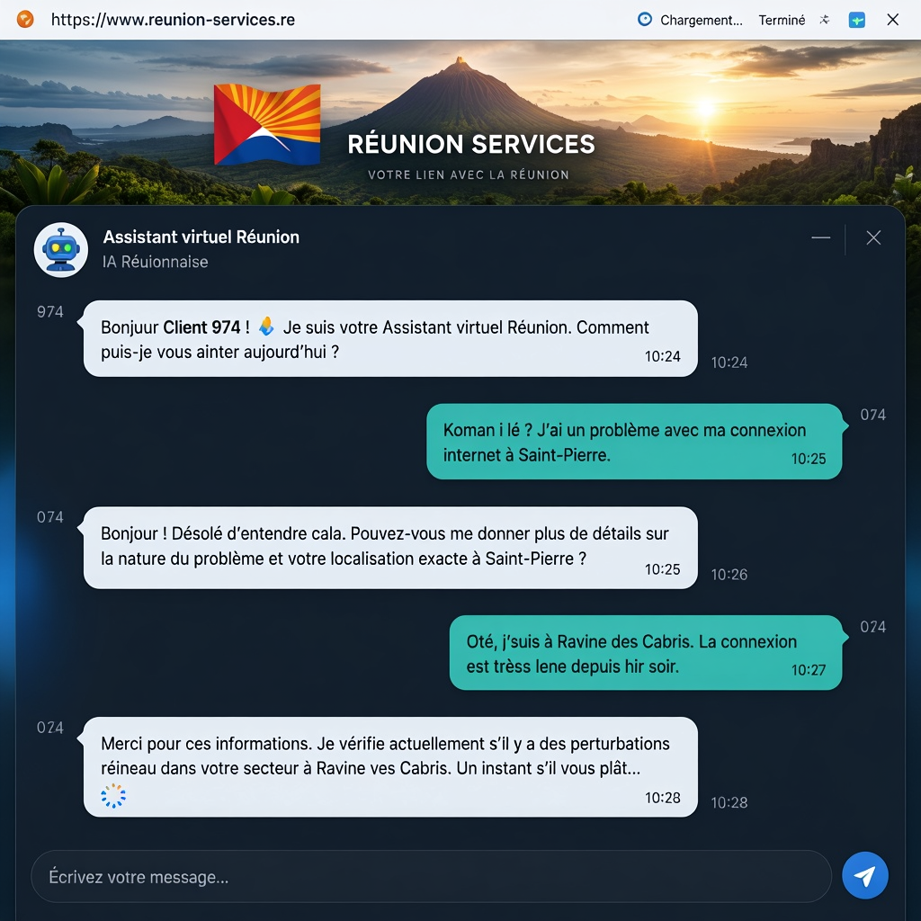 Capture d'écran d'une conversation entre un client 974 et un chatbot IA sur un site réunionnais