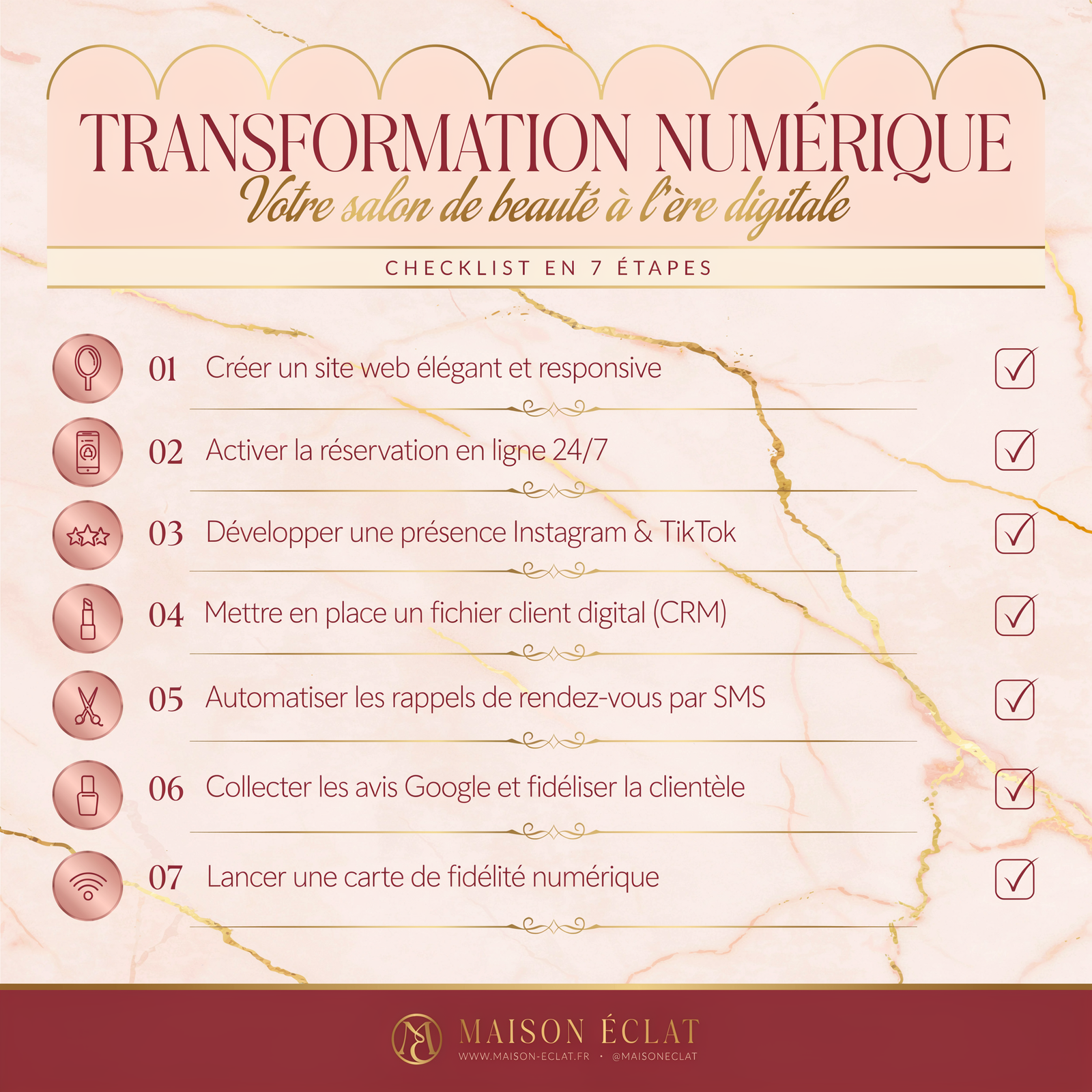 Checklist design pour la transformation numérique d'un salon de beauté dans les tons rose et doré