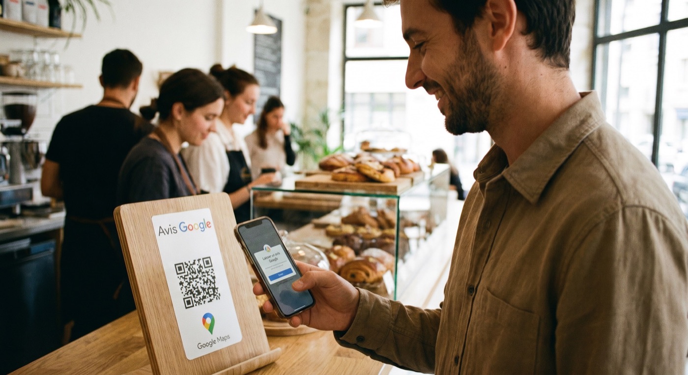 Client scannant un QR Code pour laisser un avis Google sur smartphone