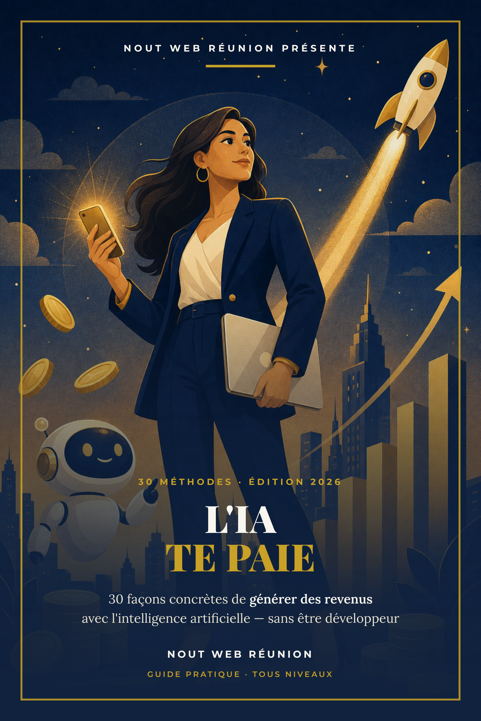 Couverture de l'ebook L'IA TE PAIE — 30 façons concrètes de générer des revenus avec l'IA en 2026 par Nout Web Réunion
