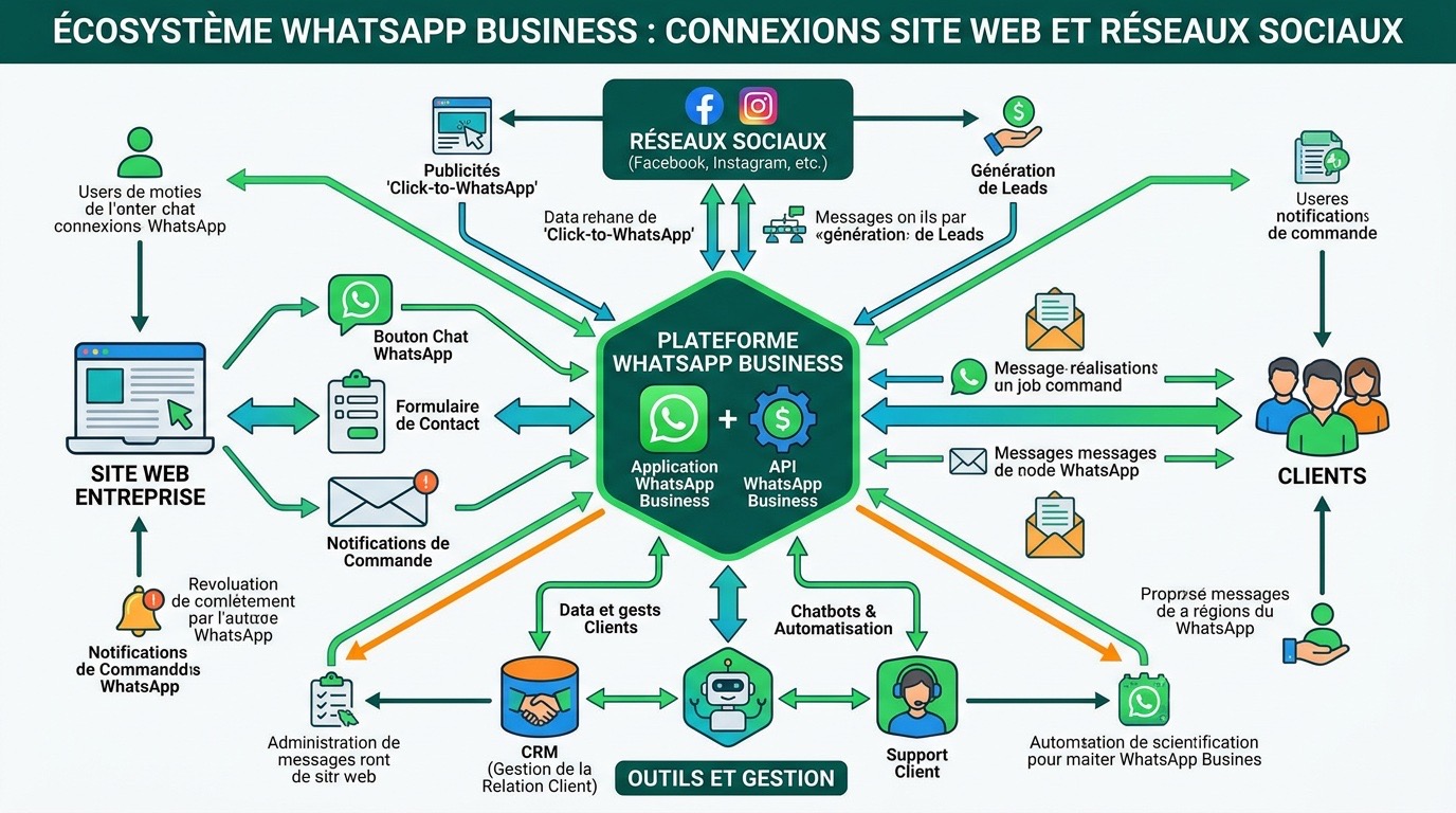 Schéma écosystème WhatsApp Business connecté au site et réseaux sociaux