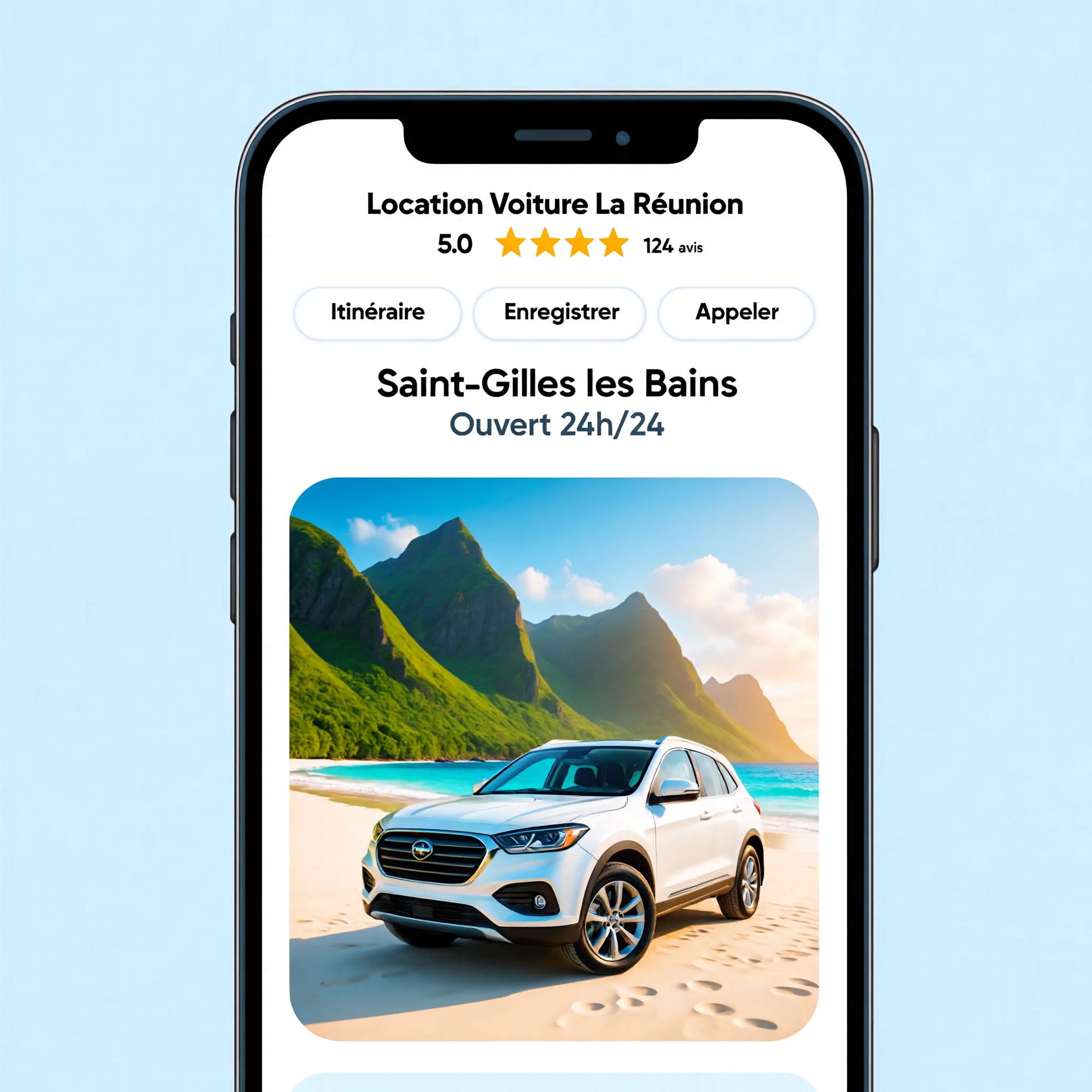 Fiche Google optimisée pour une agence de location de voiture à La Réunion