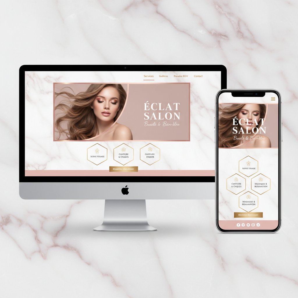 Maquette de site web pour salon de beauté sur mobile et desktop avec design moderne rose et doré