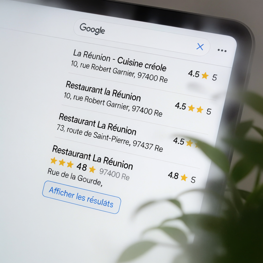 Résultats de recherche Google locaux montrant des entreprises réunionnaises