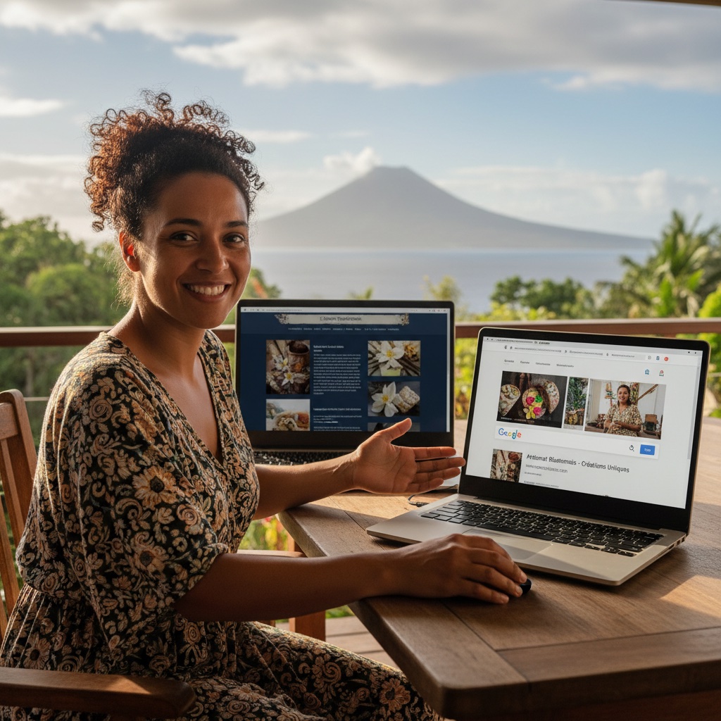 Artisane réunionnaise devant son ordinateur comparant un ancien site invisible et un site vitrine moderne bien référencé sur Google à La Réunion