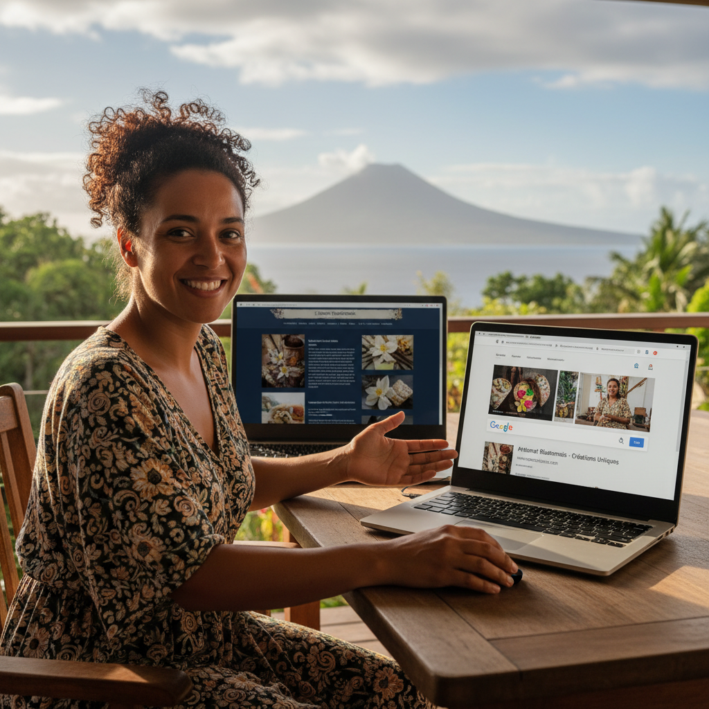 Artisane réunionnaise devant son ordinateur comparant un ancien site invisible et un site vitrine moderne bien référencé sur Google à La Réunion